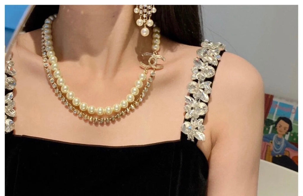 Double-C Emblem Pearl-Detail Pendant Necklace – Pearl Detail – Design 031 styled product view