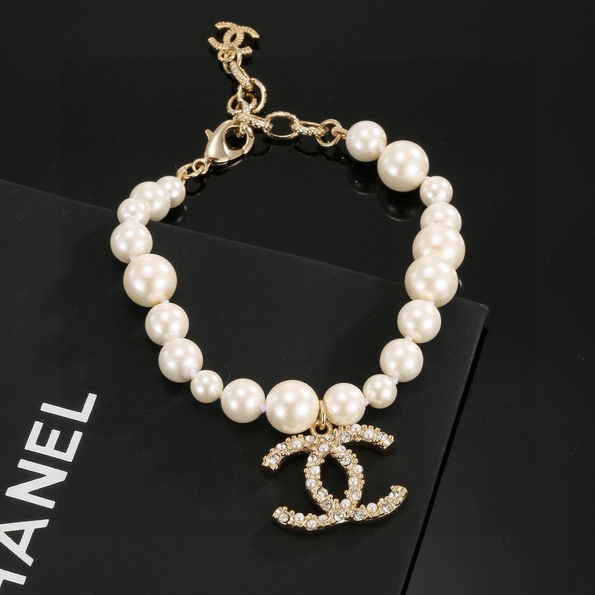Double-C Emblem Bracelet in Gold-Tone – Pearl Detail – Design 003 front product view
