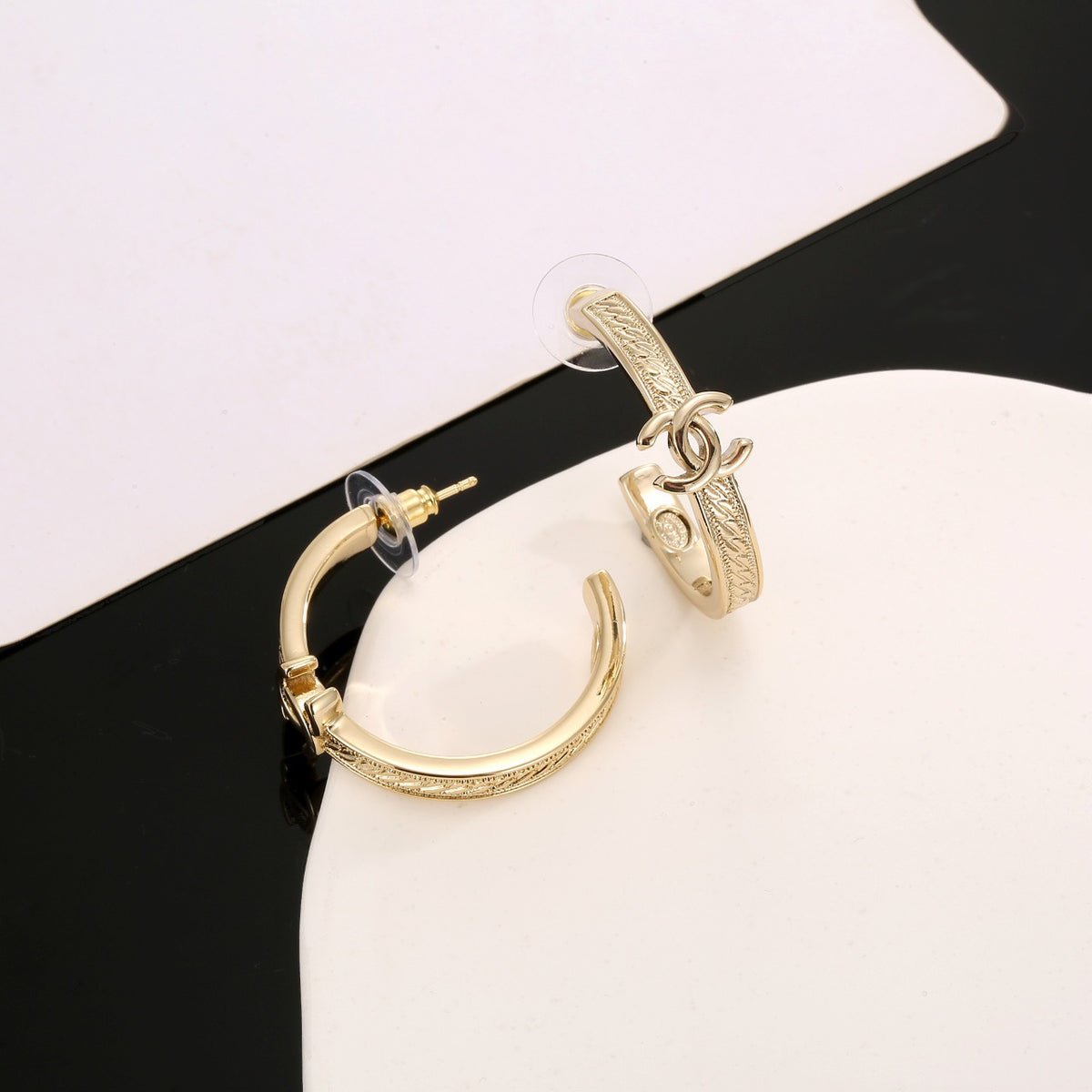 Signature Emblem Stud Earrings in Polished Metal-Tone – Design 018 front product view