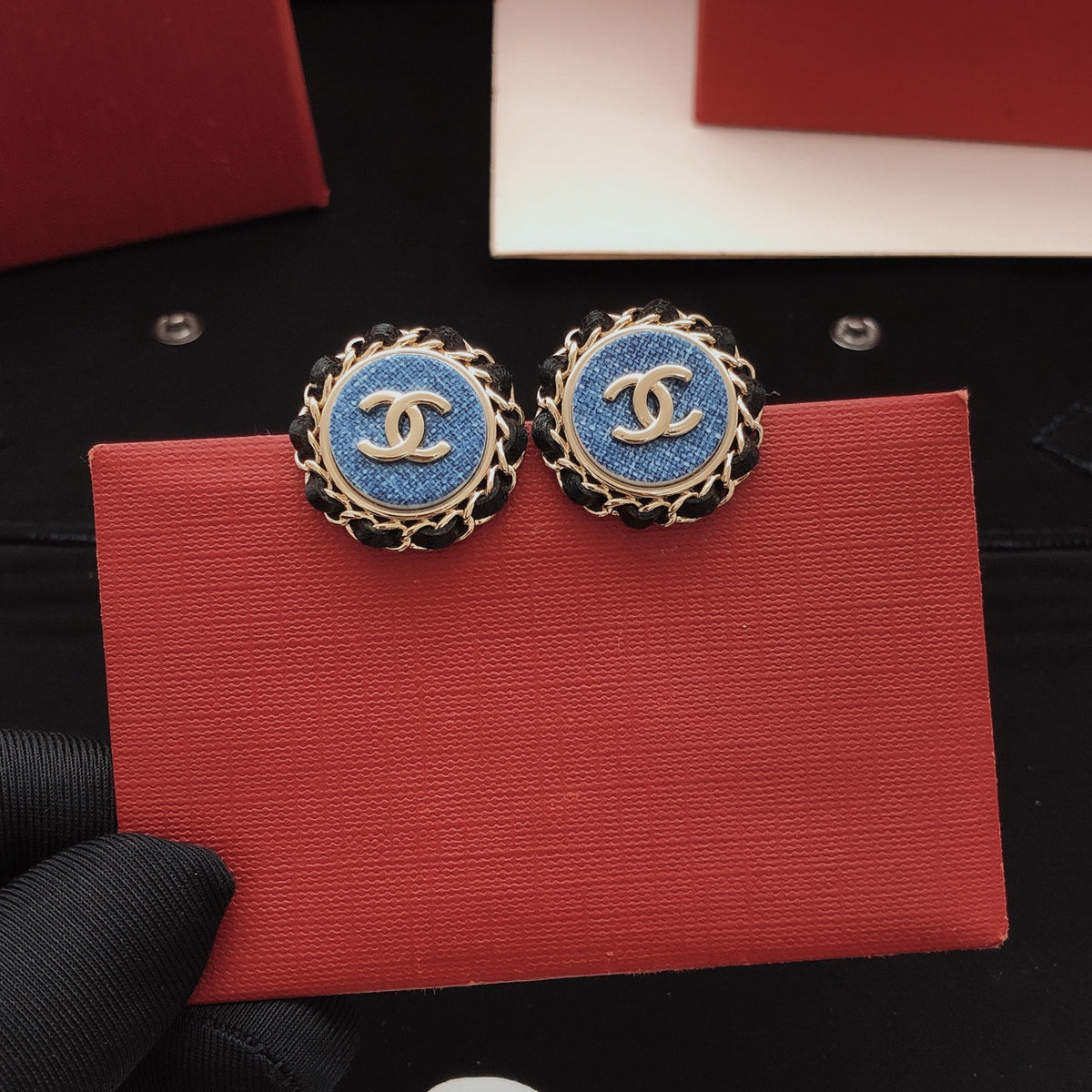 Round Stud Earrings in Gold-Tone – Blue Detail – Design 003 front product view