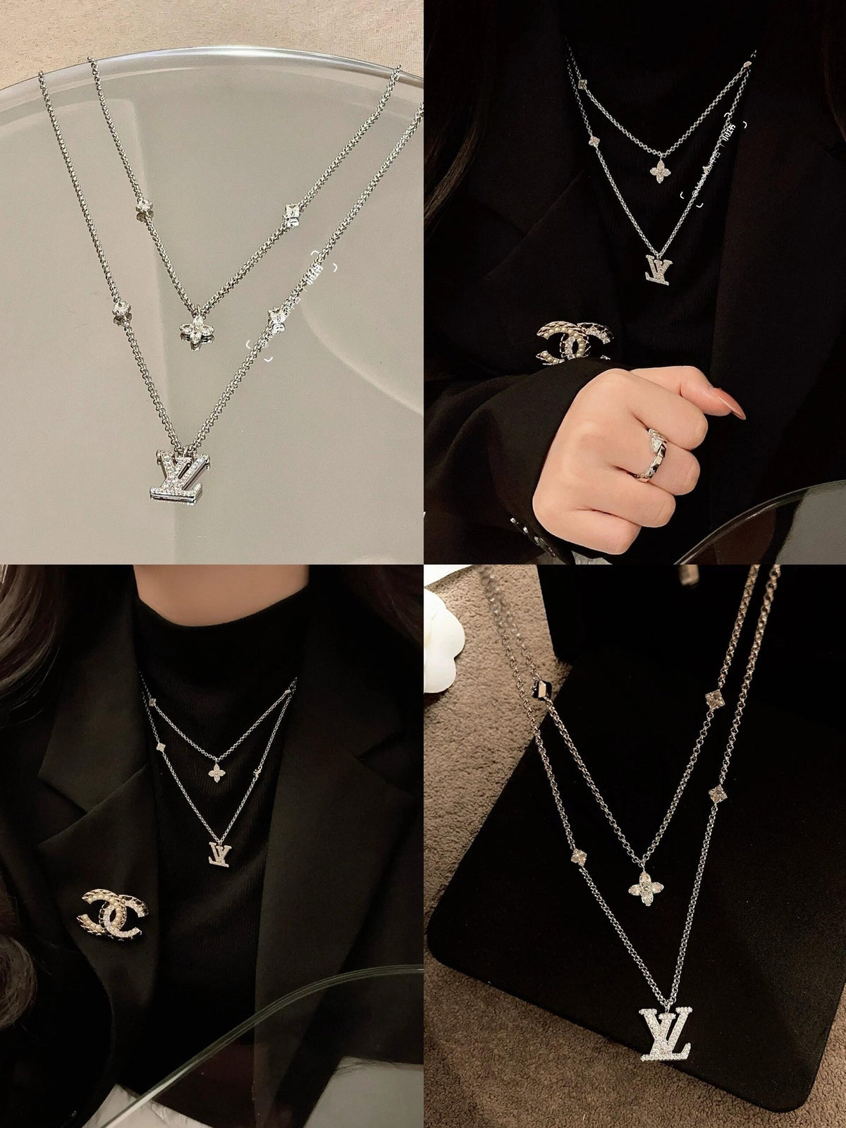 Geometric Emblem Double-Layer Pendant Necklace – Silver Detail main product view