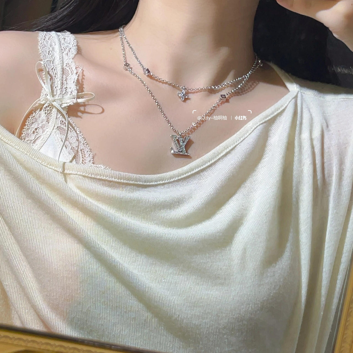 Geometric Emblem Double-Layer Pendant Necklace – Silver Detail front product view