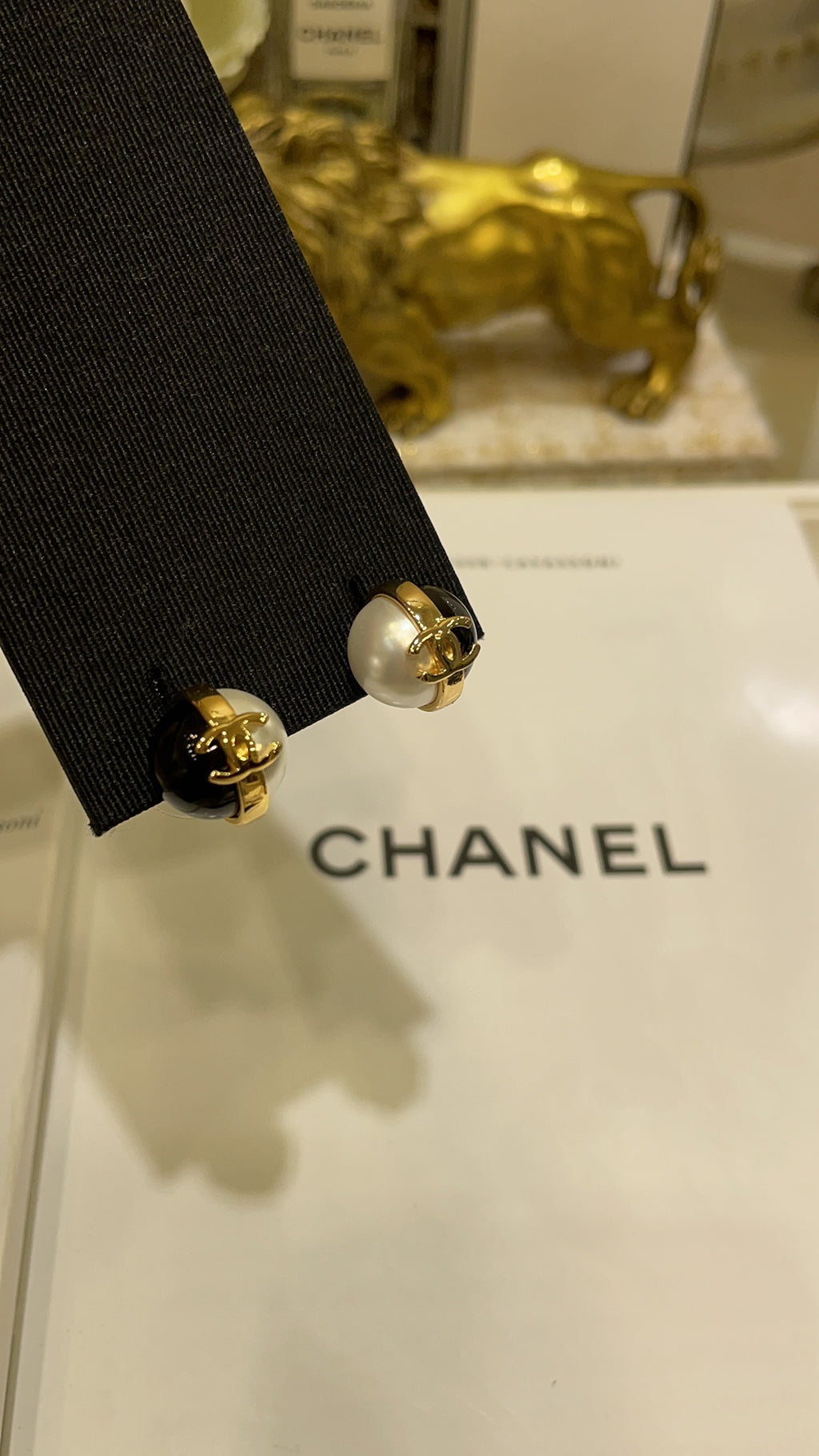Double-C Emblem Stud Earrings in Polished Metal-Tone – Black Detail – Design 002 front product view