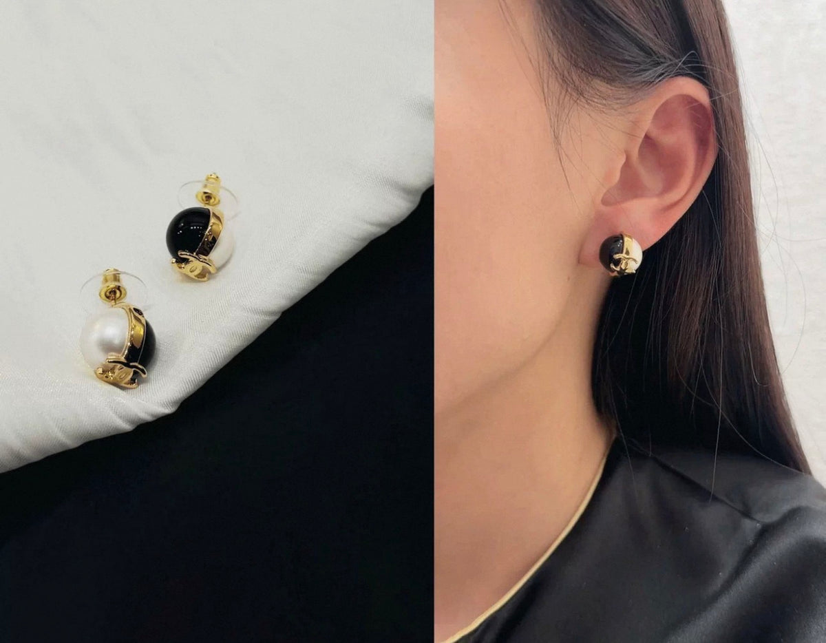 Double-C Emblem Stud Earrings in Polished Metal-Tone – Black Detail – Design 002 styled product view