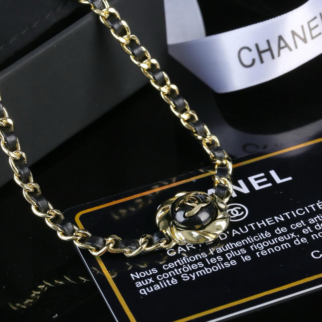 Double-C Emblem Pendant Necklace in Gold-Tone – Black Detail main product view