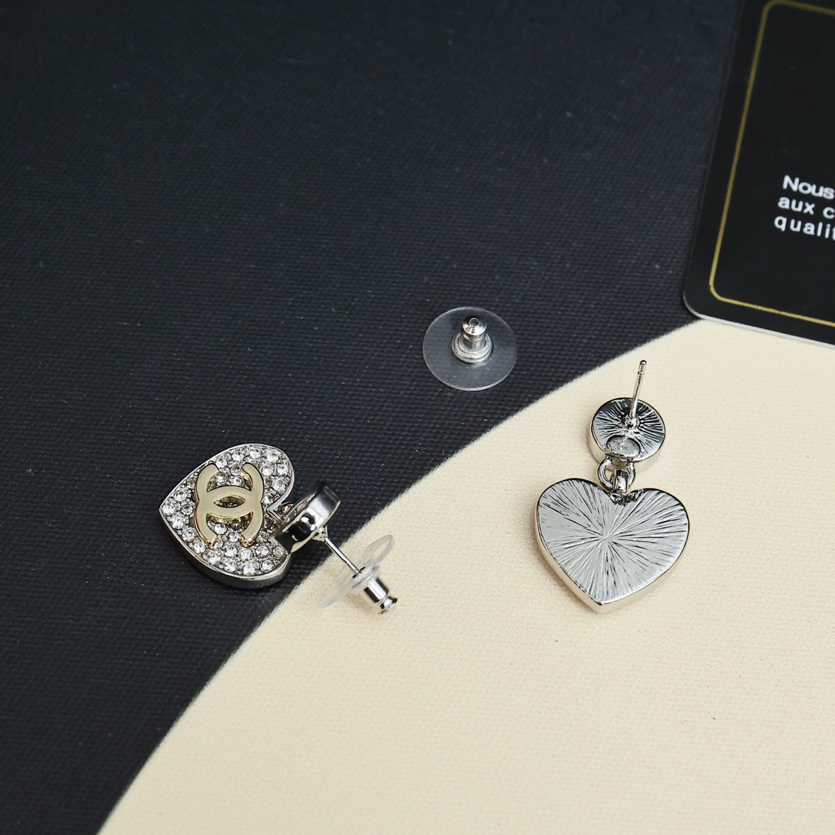 Double-C Emblem Crystal-Accent Statement Earrings – Heart Detail – Design 006 close-up detail