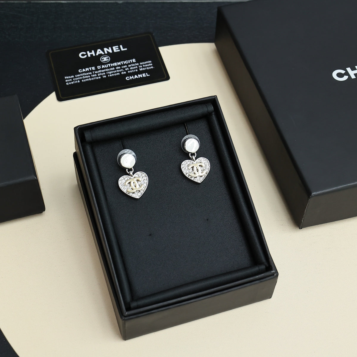 Double-C Emblem Crystal-Accent Statement Earrings – Heart Detail – Design 006 side detail