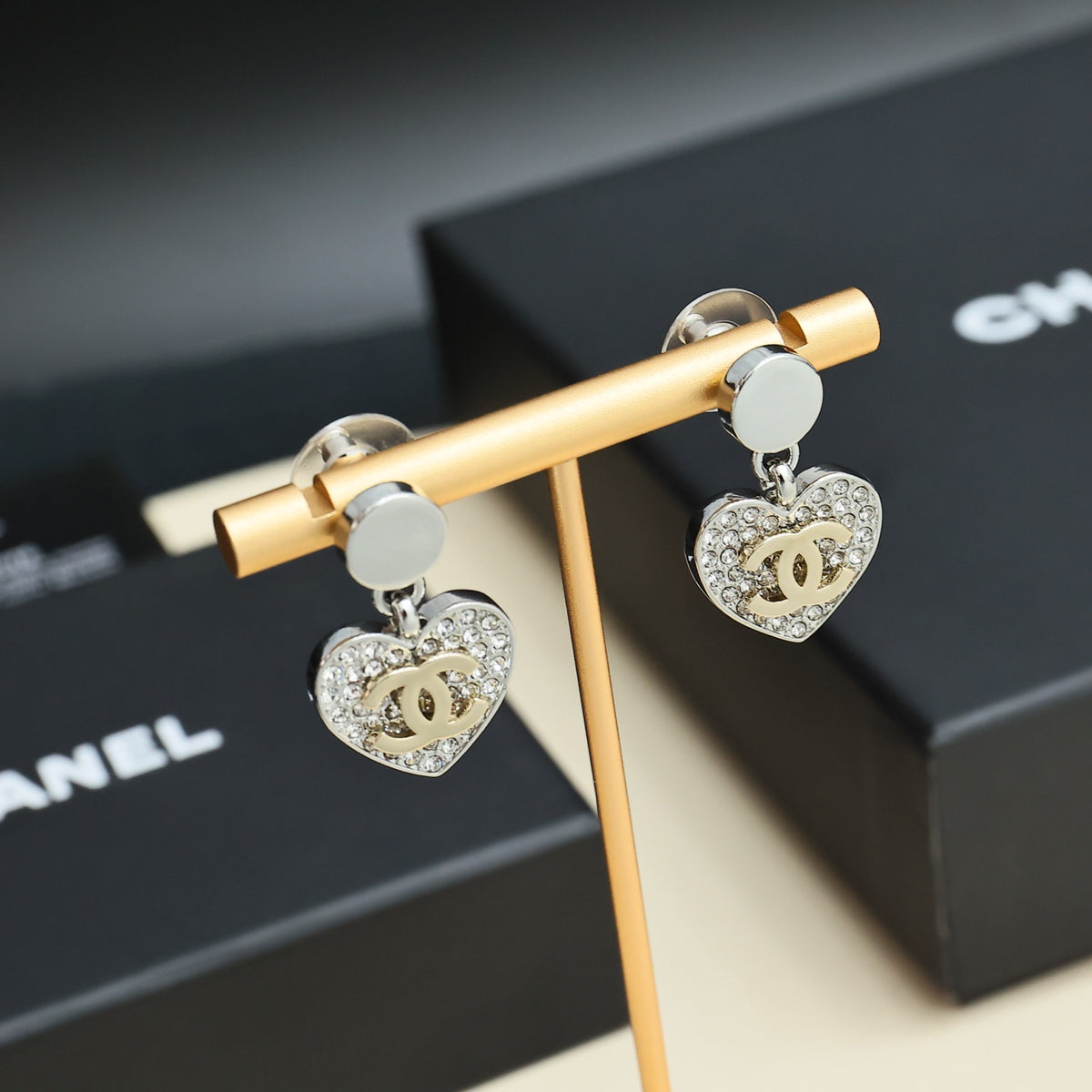Double-C Emblem Crystal-Accent Statement Earrings – Heart Detail – Design 006 main product view