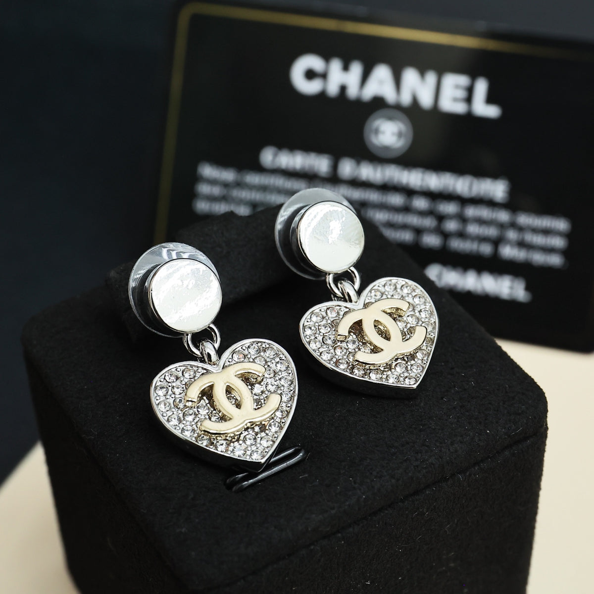 Double-C Emblem Crystal-Accent Statement Earrings – Heart Detail – Design 006 styled product view