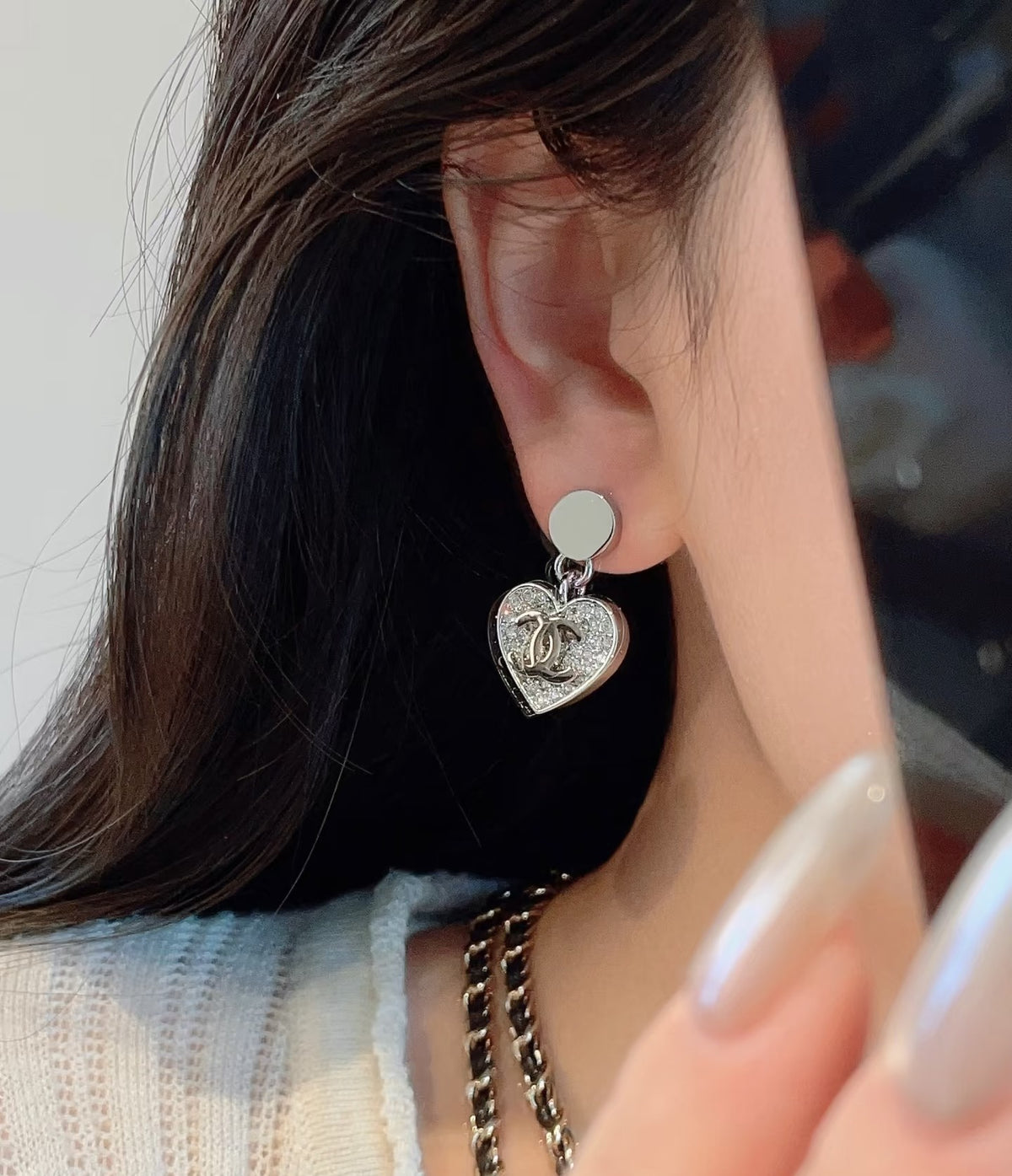 Double-C Emblem Crystal-Accent Statement Earrings – Heart Detail – Design 006 front product view