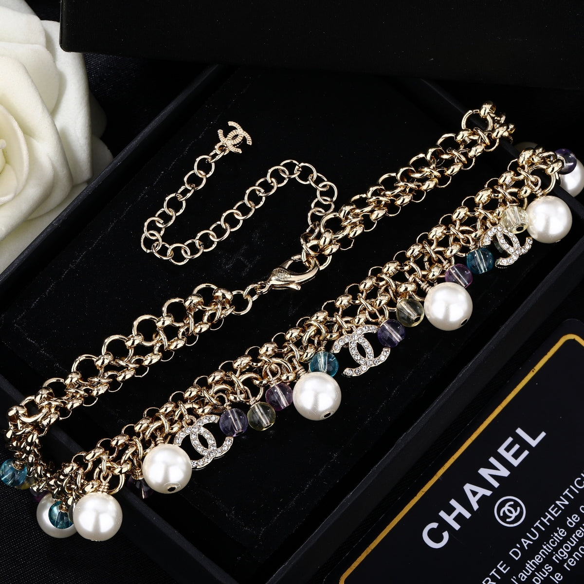 Double-C Emblem Pendant Necklace in Gold-Tone – Design 010 detail view