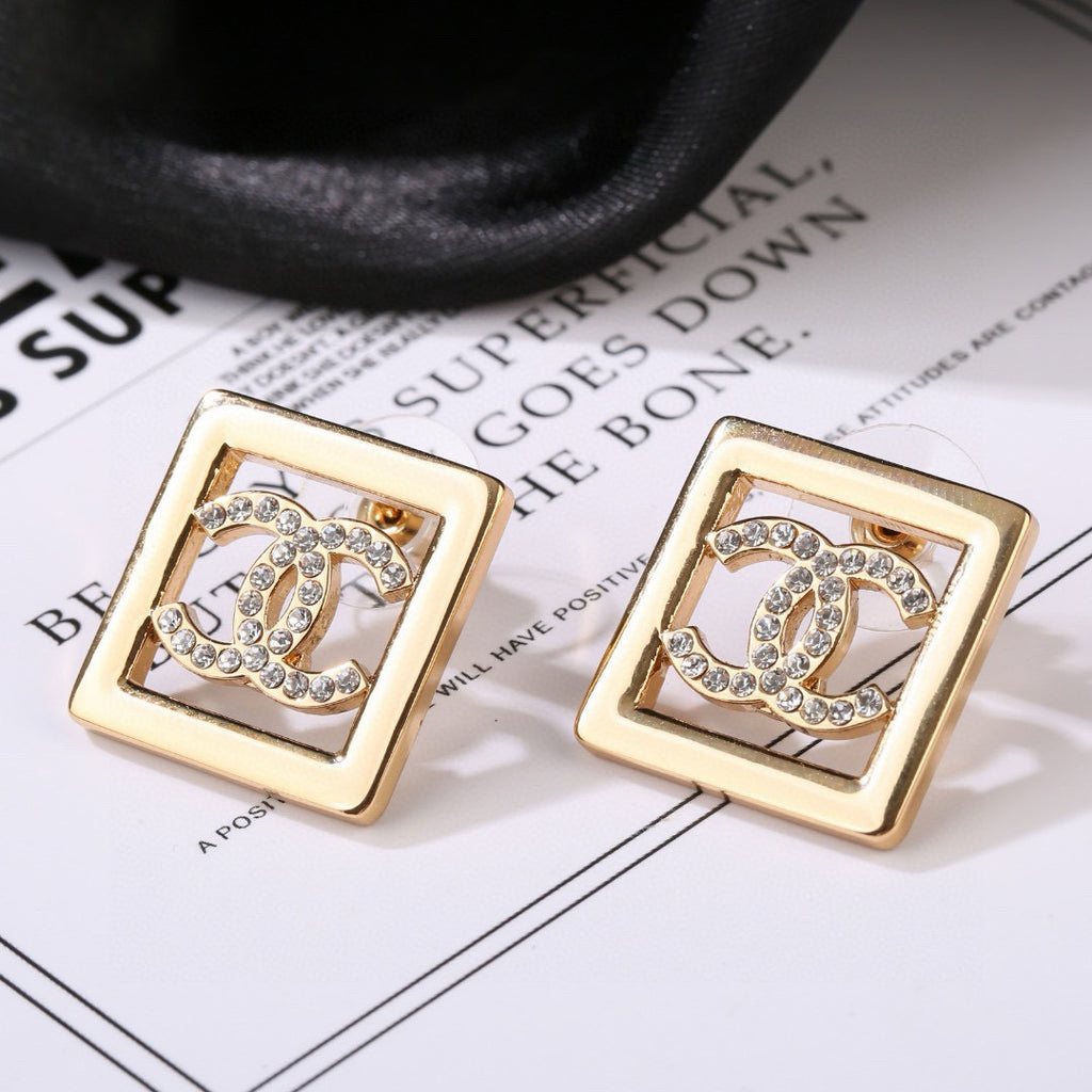 Double-C Emblem Stud Earrings in Gold-Tone – Design 018 front product view