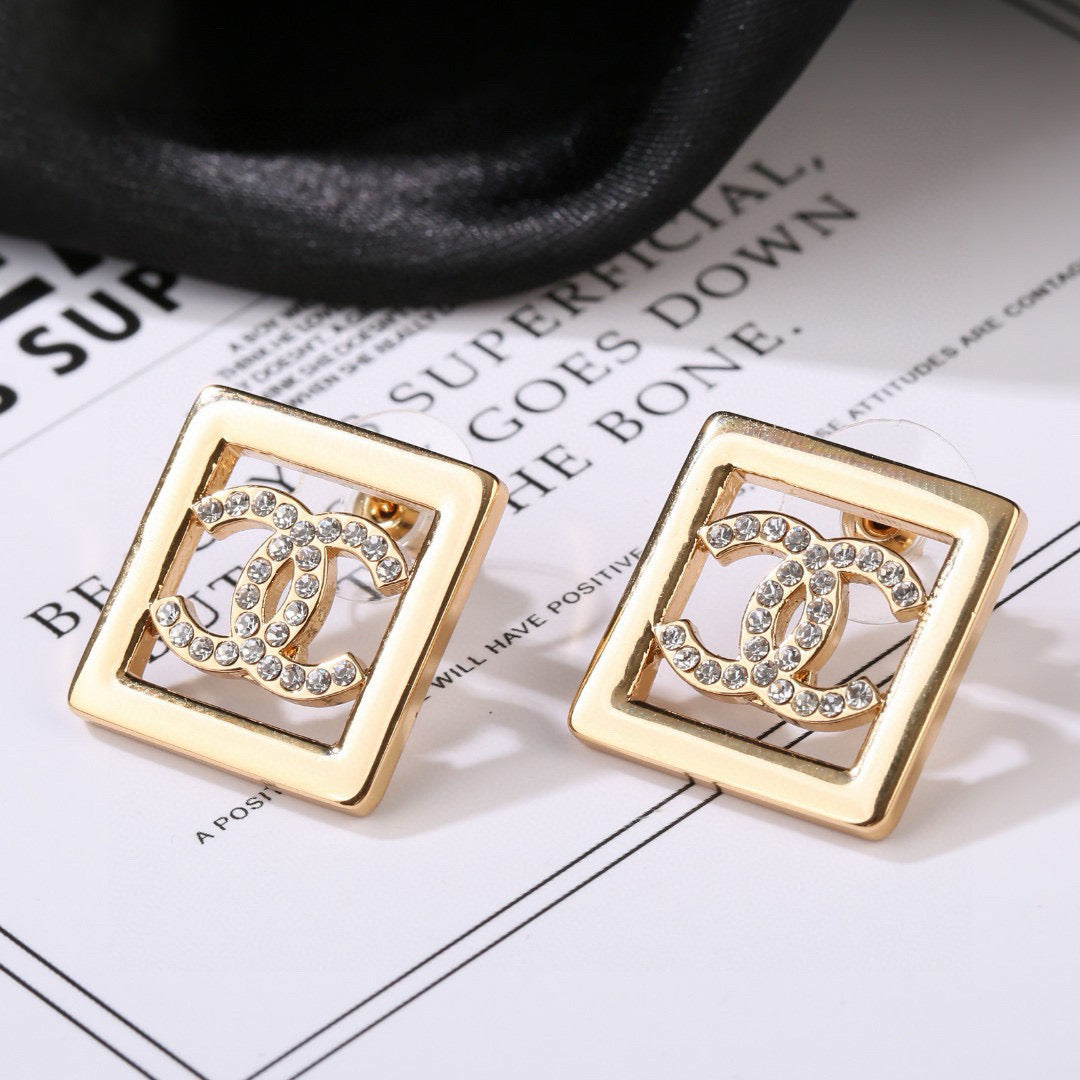 Double-C Emblem Stud Earrings in Gold-Tone – Design 018 front product view
