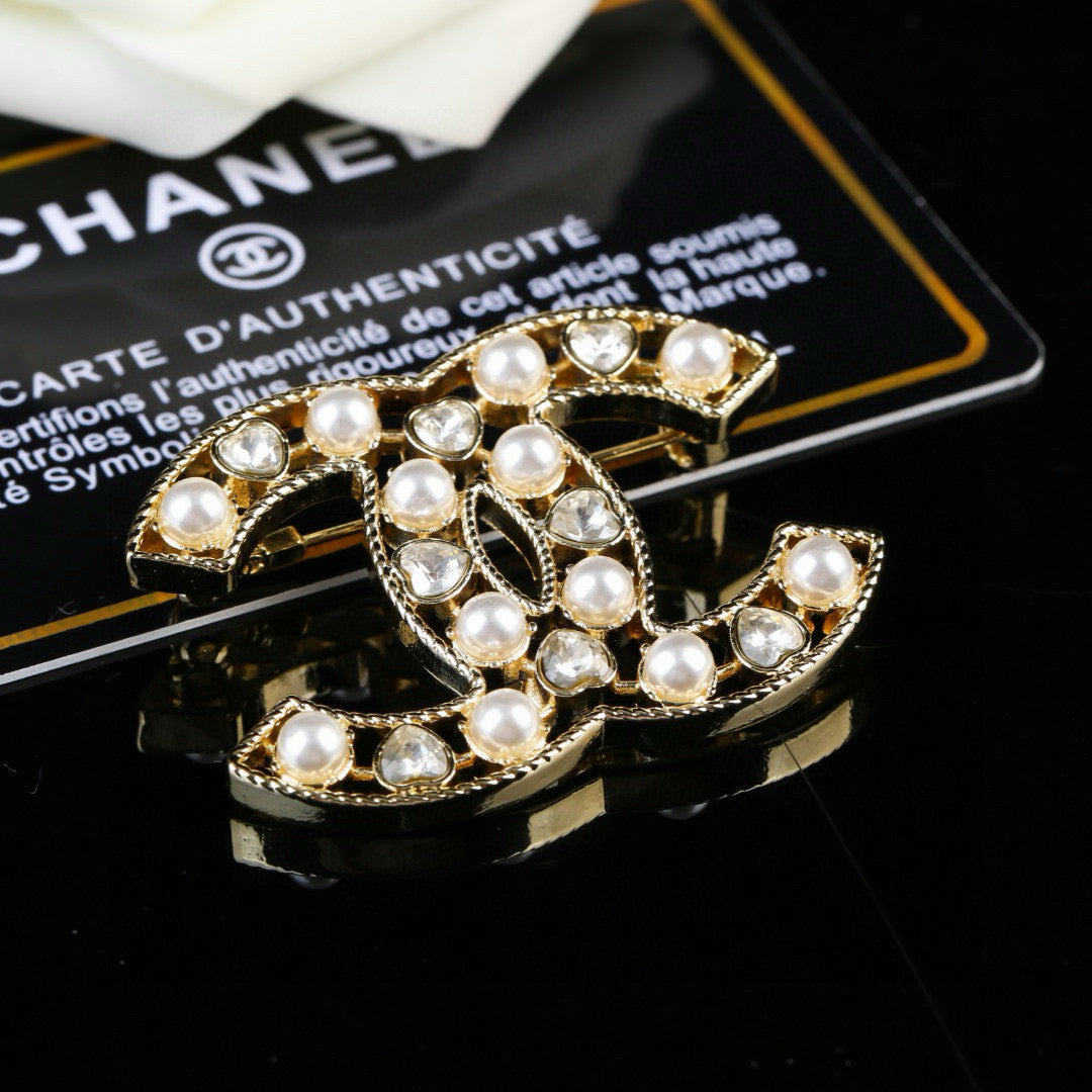 Double-C Emblem Brooch in Polished Metal-Tone – Pearl Detail – Design 008 main product view
