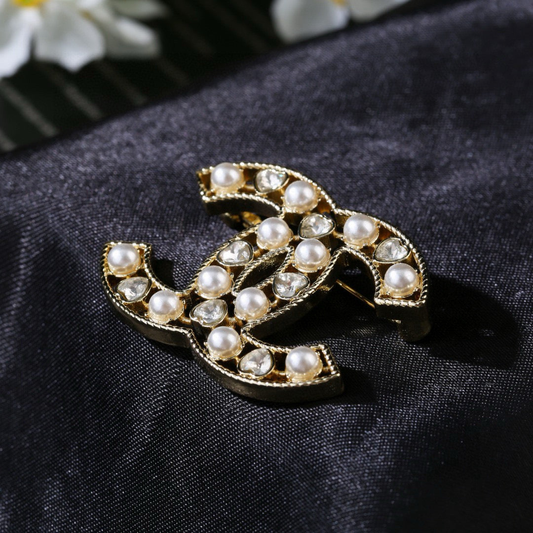 Double-C Emblem Brooch in Polished Metal-Tone – Pearl Detail – Design 008 styled product view