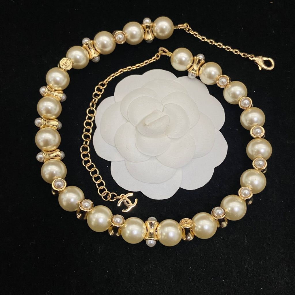Double-C Emblem Pearl-Detail Pendant Necklace – Pearl Detail – Design 066 detail view