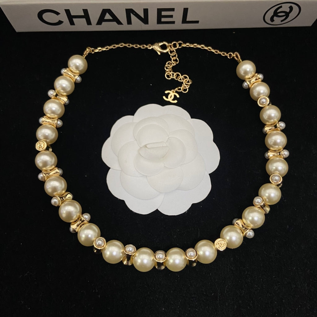 Double-C Emblem Pearl-Detail Pendant Necklace – Pearl Detail – Design 066 front product view