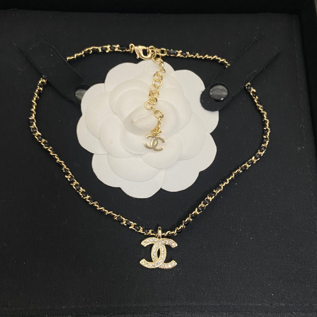 Double-C Emblem Pendant Necklace in Polished Metal-Tone – Design 037 detail view