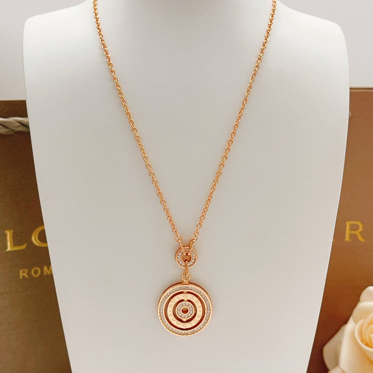 Geometric Emblem Pendant Necklace in Rose-Gold-Tone – Rose Gold Detail – Design 003 styled product view