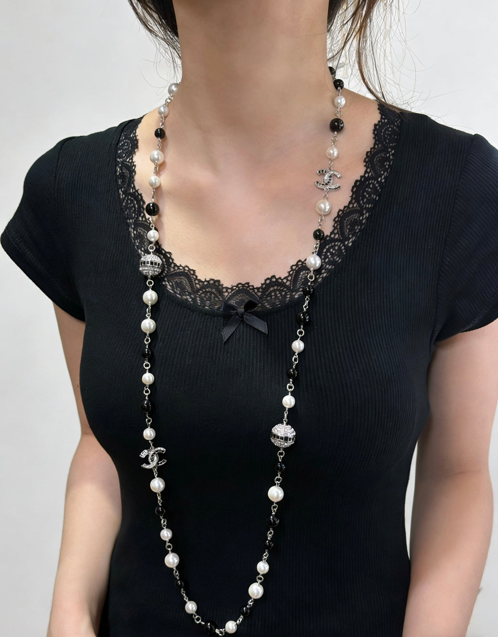 Double-C Emblem Pearl-Detail Pendant Necklace – Pearl Detail – Design 017 front product view