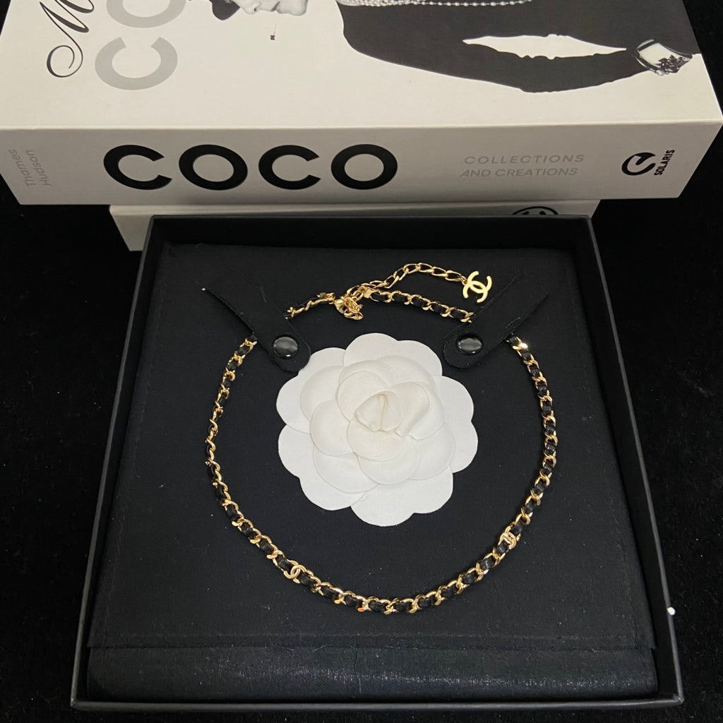 Double-C Emblem Pendant Necklace in Polished Metal-Tone – Black Detail – Design 002 main product view