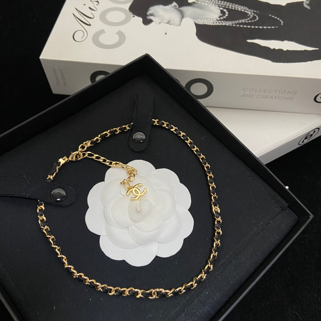 Double-C Emblem Pendant Necklace in Polished Metal-Tone – Black Detail – Design 002 front product view