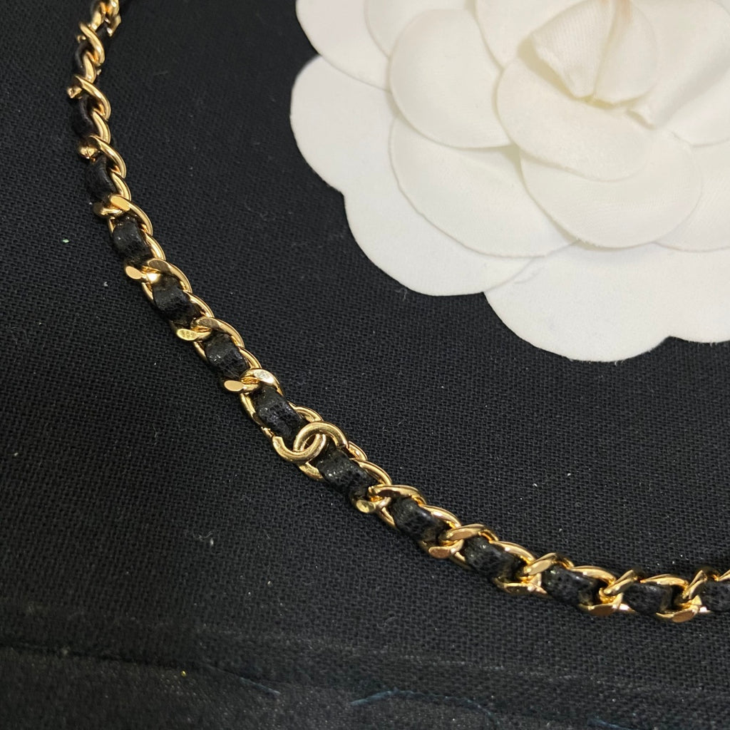 Double-C Emblem Pendant Necklace in Polished Metal-Tone – Black Detail – Design 002 detail view