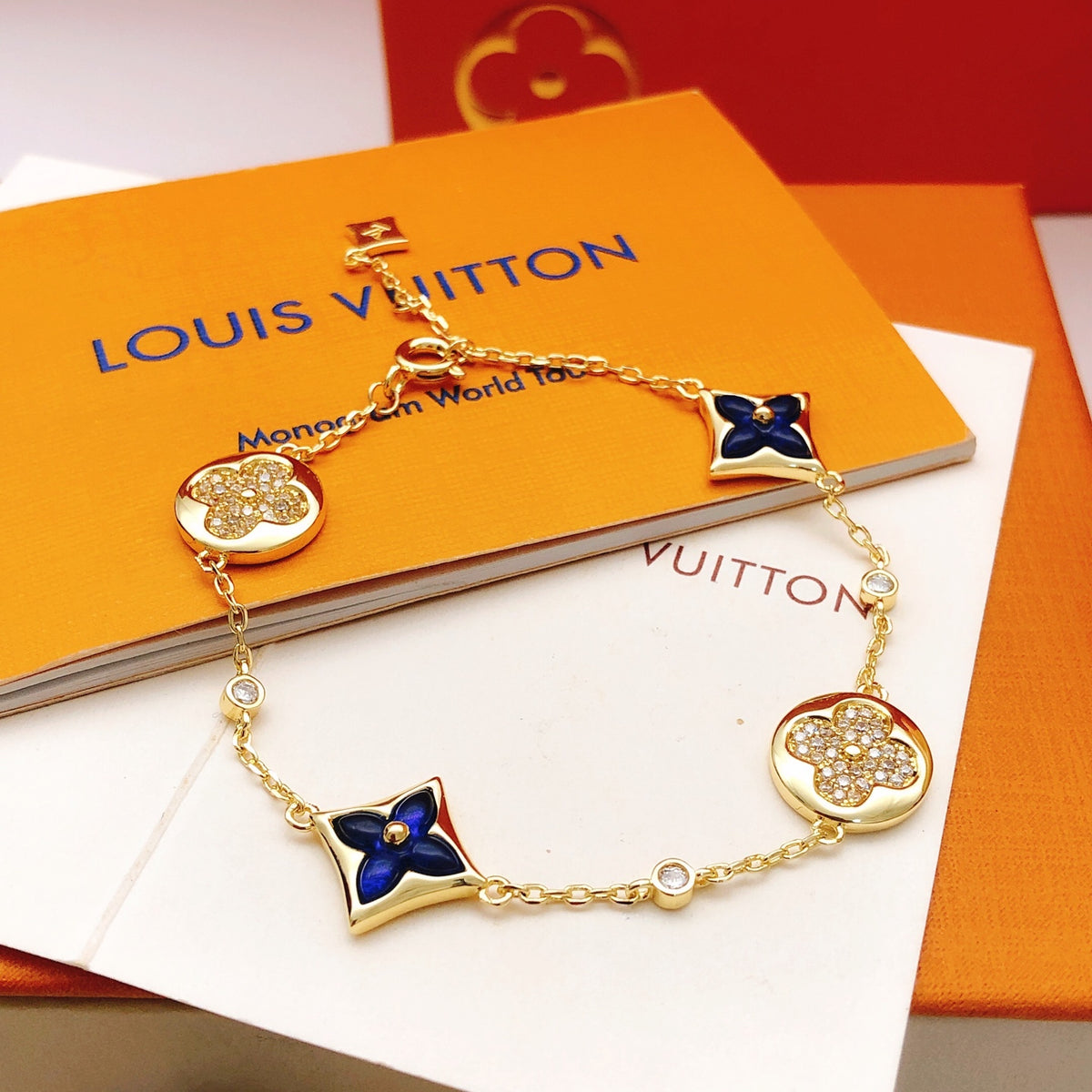 Geometric Emblem Bracelet in Gold-Tone – Blue Detail – Design 009 main product view