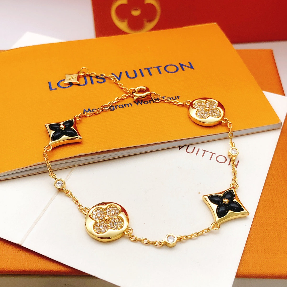 Geometric Emblem Bracelet in Gold-Tone – Black Detail – Design 005 main product view