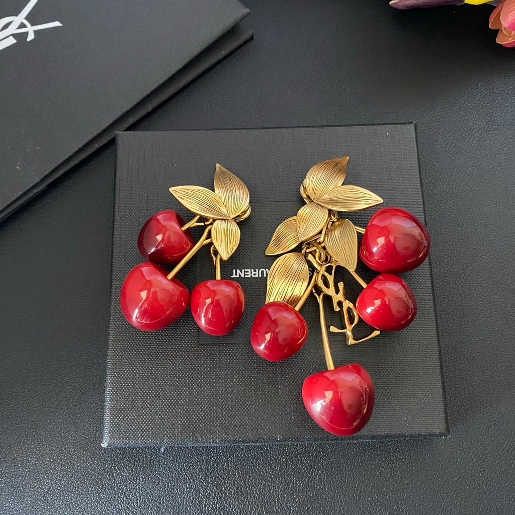 Saint Laurent Cherry Statement Earrings in Polished Metal-Tone side detail
