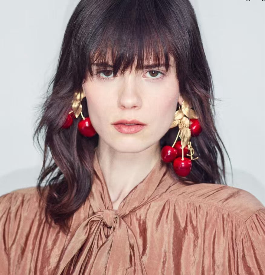 Saint Laurent Cherry Statement Earrings in Polished Metal-Tone detail view