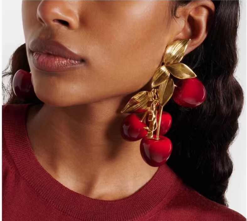 Saint Laurent Cherry Statement Earrings in Polished Metal-Tone side detail