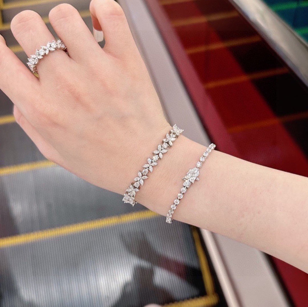 Floral Bracelet in Polished Metal-Tone – Crystal Detail – Design 04 close-up detail