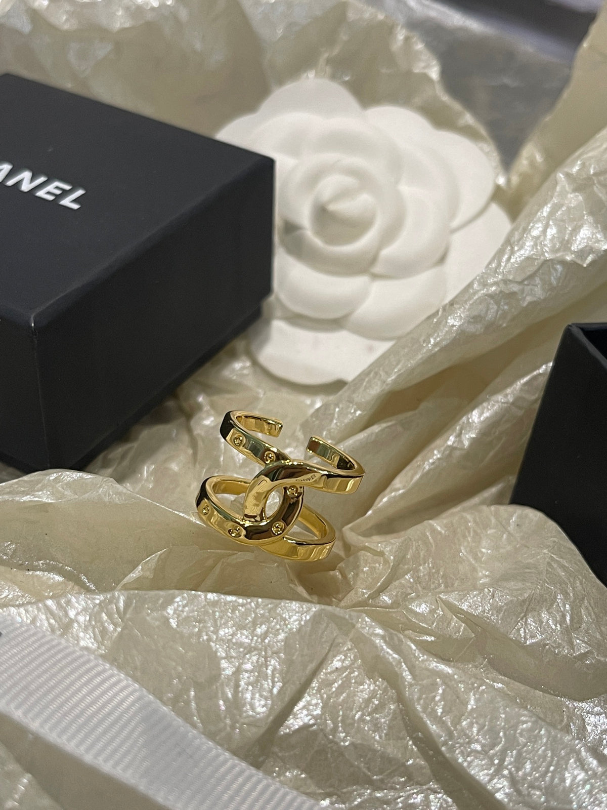 Double-C Emblem Statement Ring in Polished Metal-Tone – Design 005 close-up detail