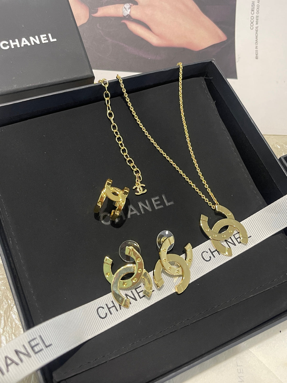 Double-C Emblem Stud Earrings in Gold-Tone – Design 023 front product view