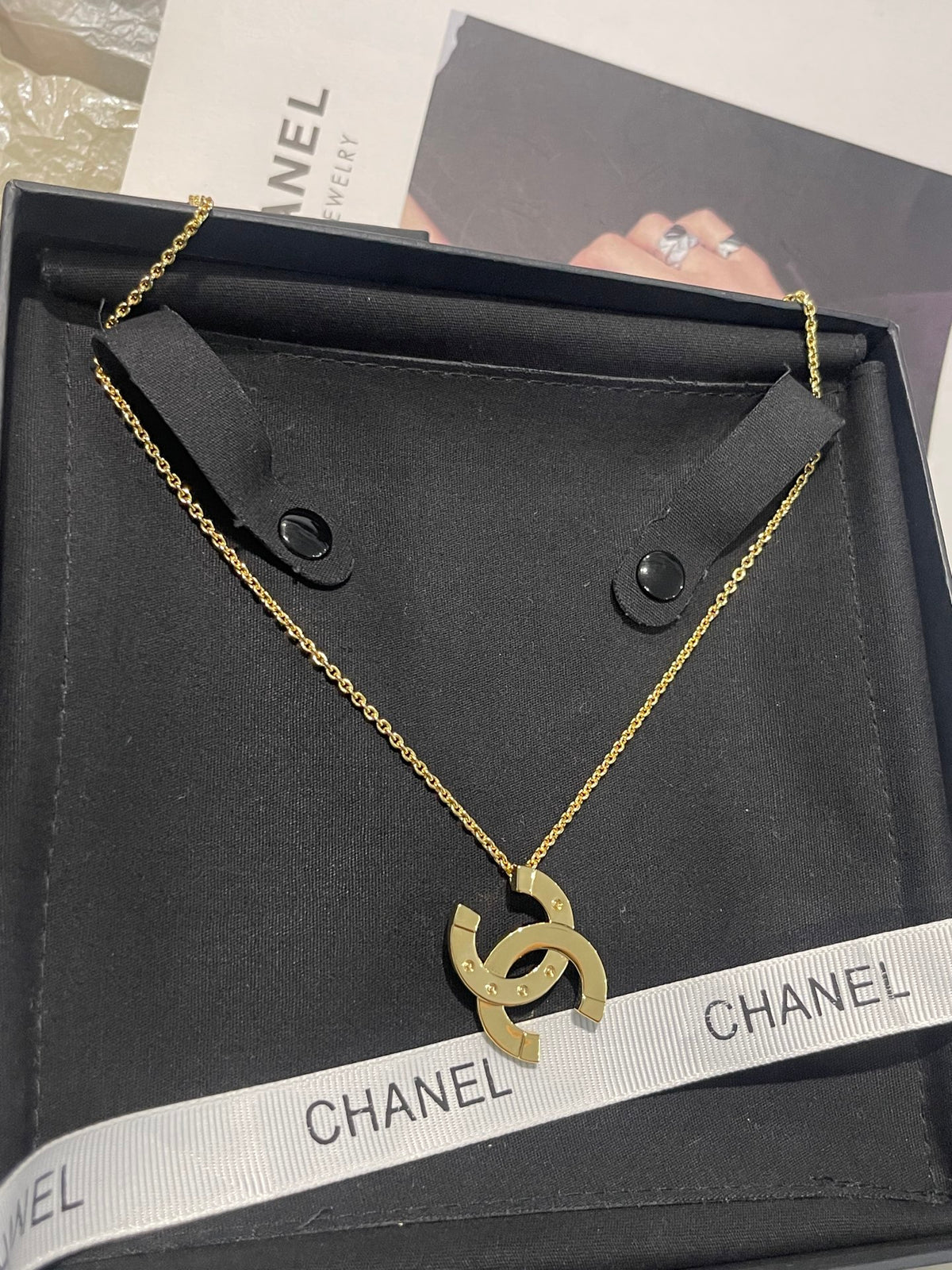 Double-C Emblem Pendant Necklace in Polished Metal-Tone – Design 043 detail view