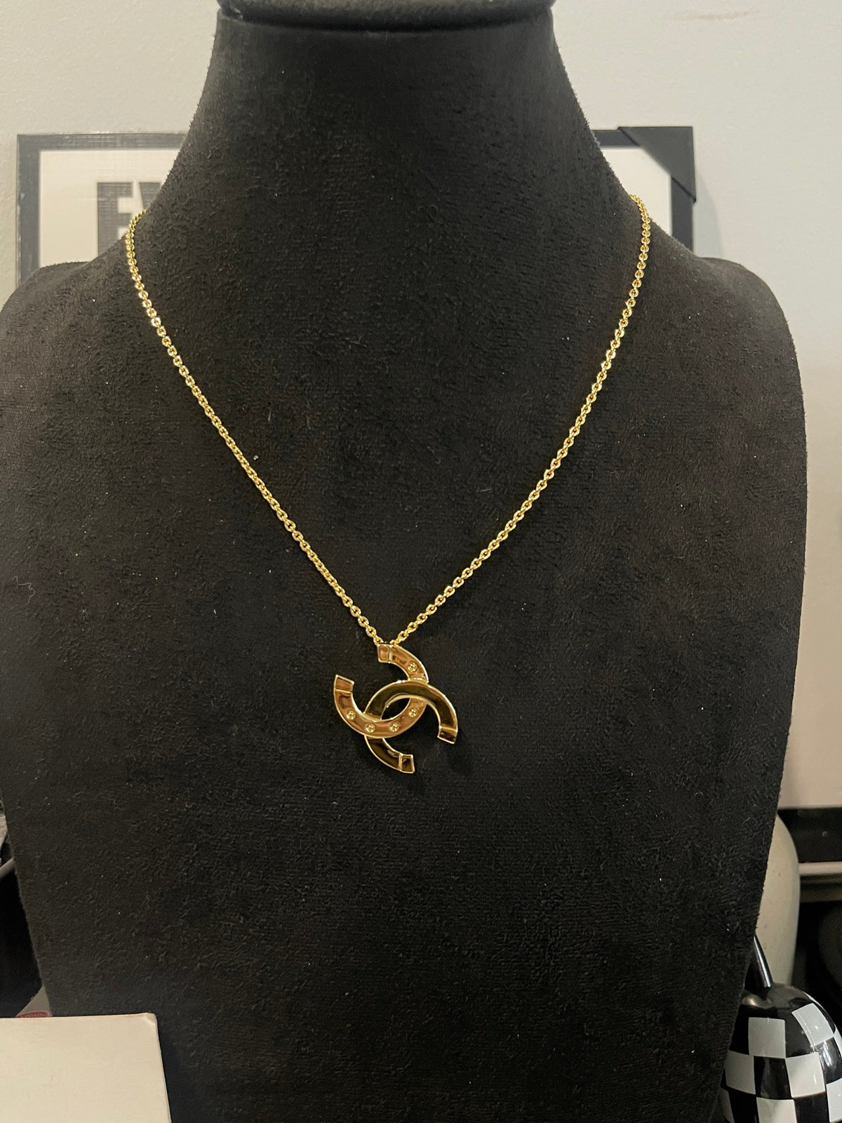 Double-C Emblem Pendant Necklace in Polished Metal-Tone – Design 043 front product view