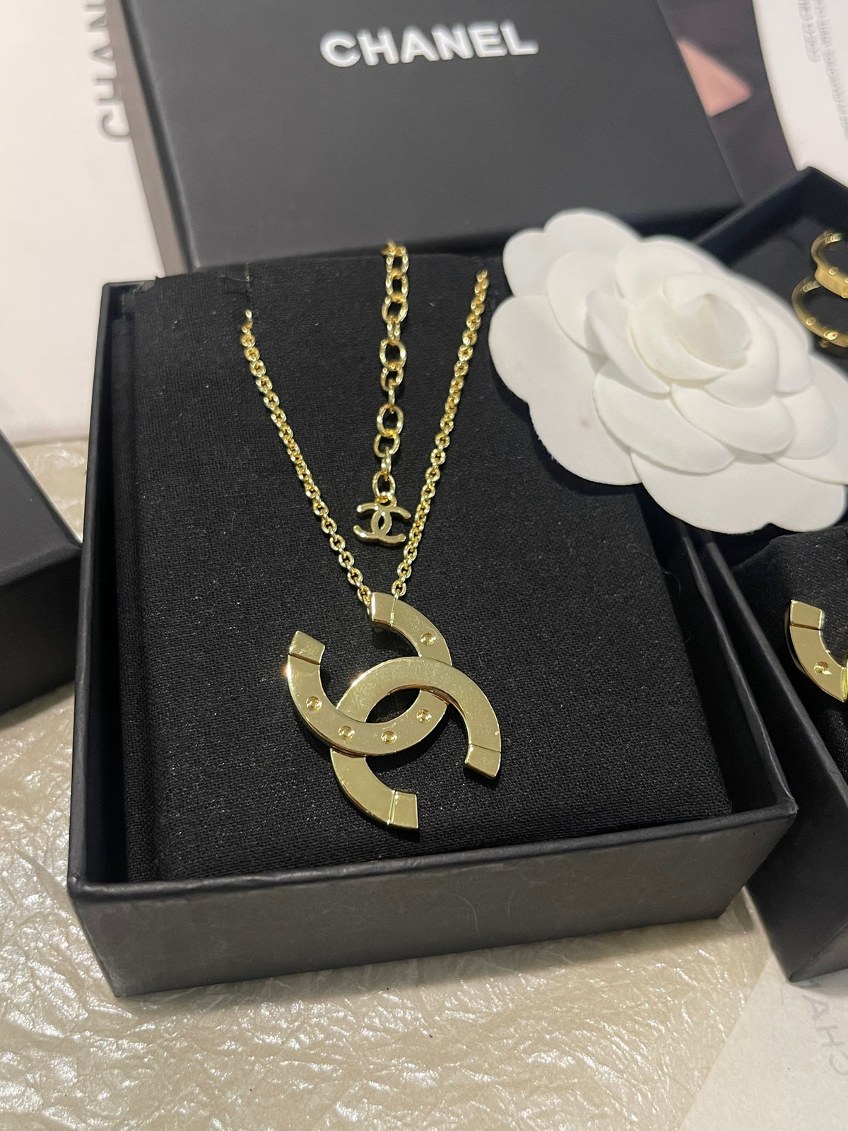 Double-C Emblem Pendant Necklace in Polished Metal-Tone – Design 043 main product view
