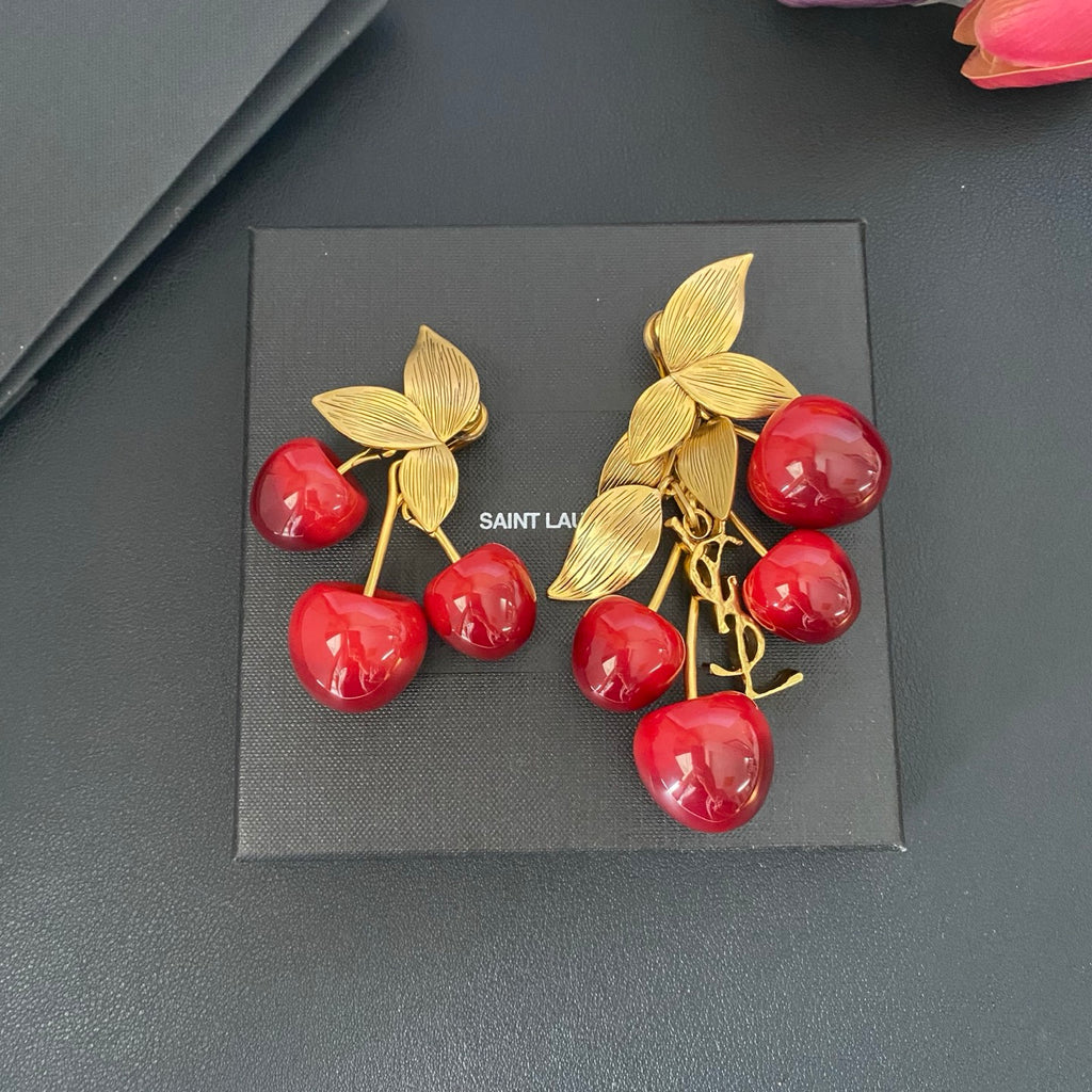 Saint Laurent Cherry Statement Earrings in Polished Metal-Tone detail view