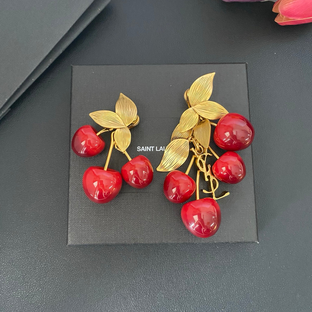 Saint Laurent Cherry Statement Earrings in Polished Metal-Tone detail view