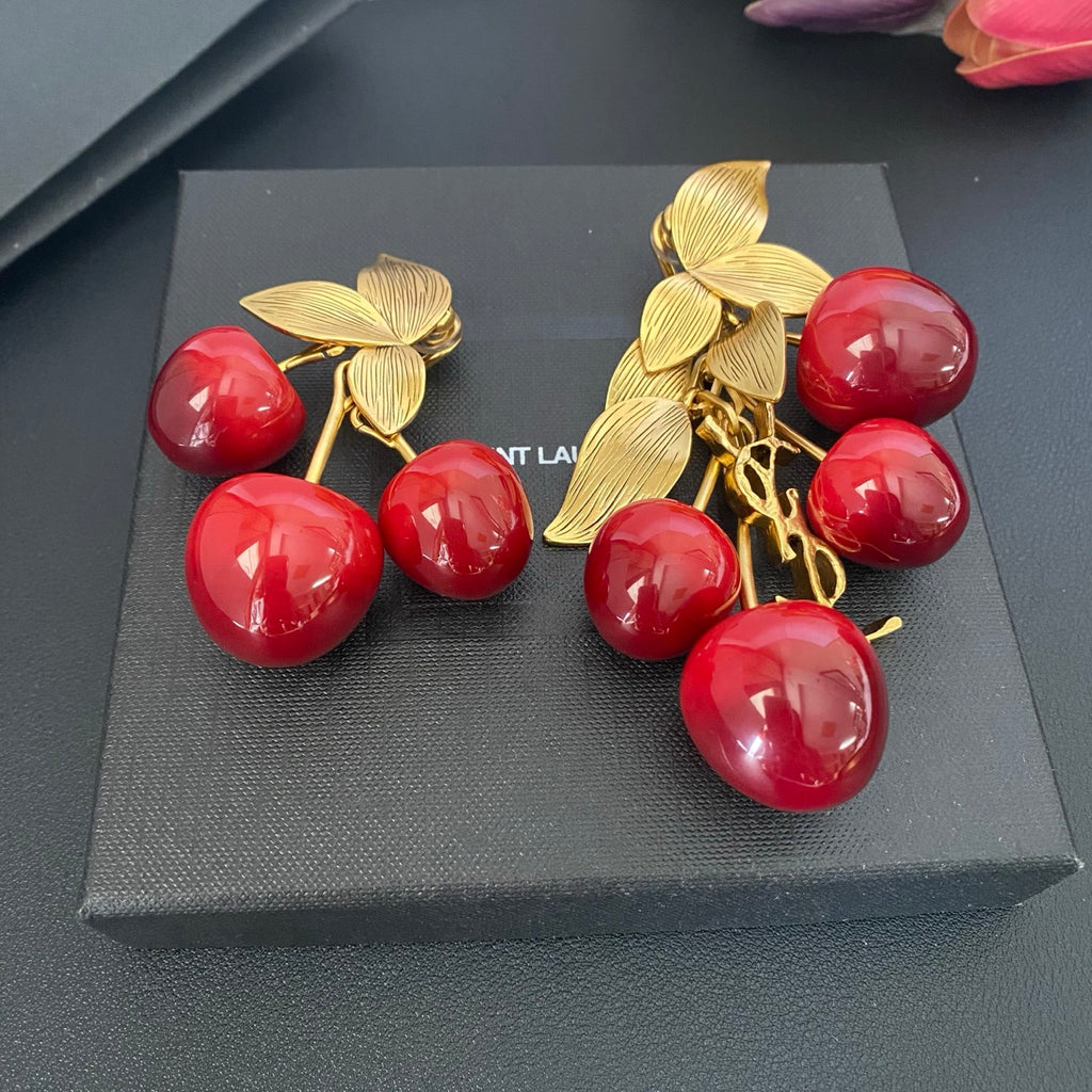 Saint Laurent Cherry Statement Earrings in Polished Metal-Tone styled product view