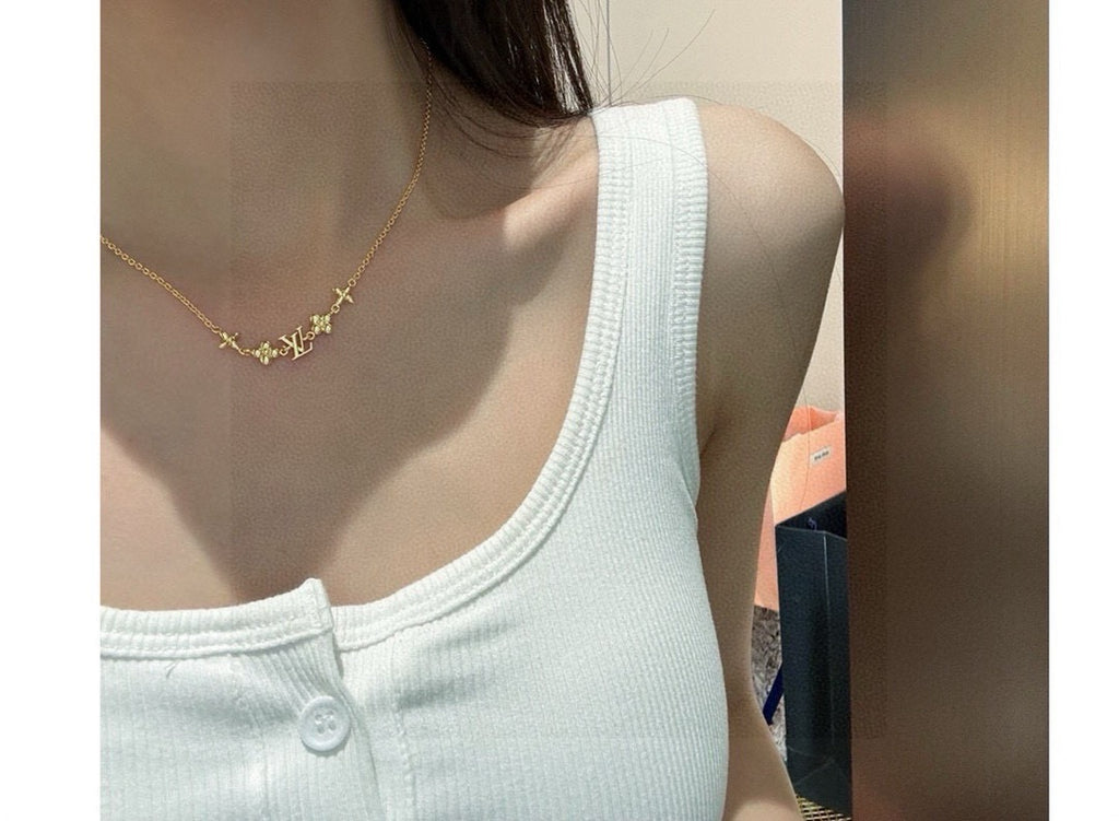 Letter Emblem Pendant Necklace in Polished Metal-Tone – Design 011 detail view