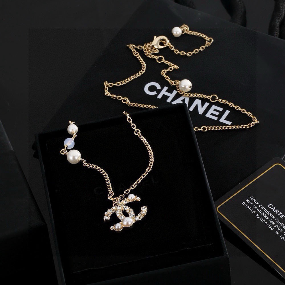 Double-C Emblem Pearl-Detail Pendant Necklace – Pearl Detail – Design 015 front product view