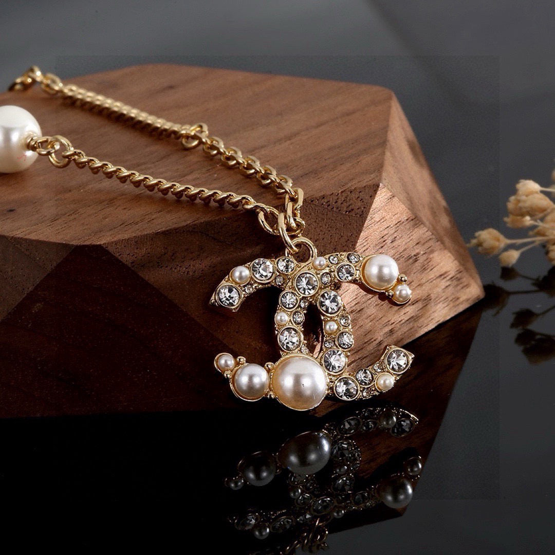 Double-C Emblem Pearl-Detail Pendant Necklace – Pearl Detail – Design 015 main product view