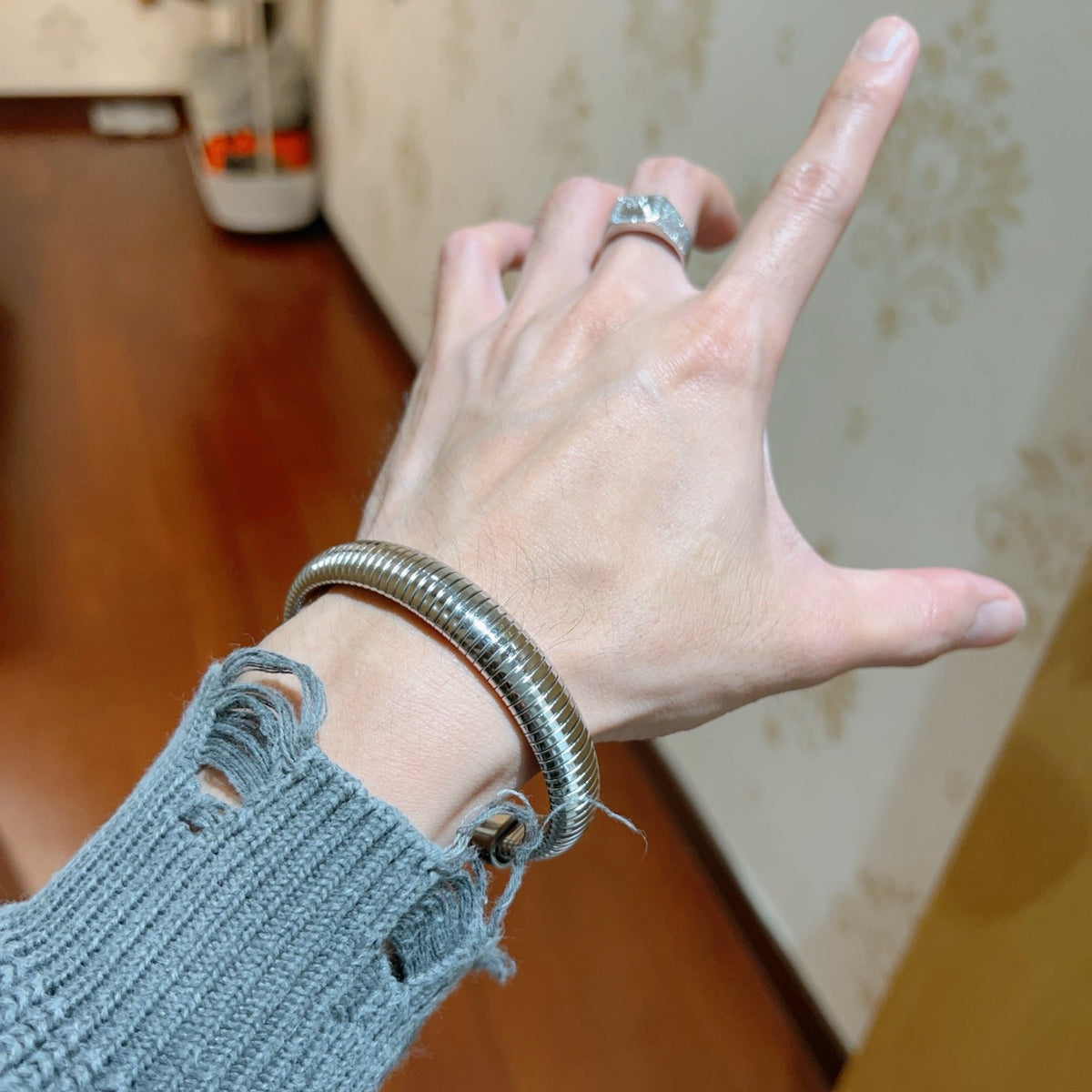 Geometric Emblem Statement Ring in Polished Metal-Tone – Design 016 detail view