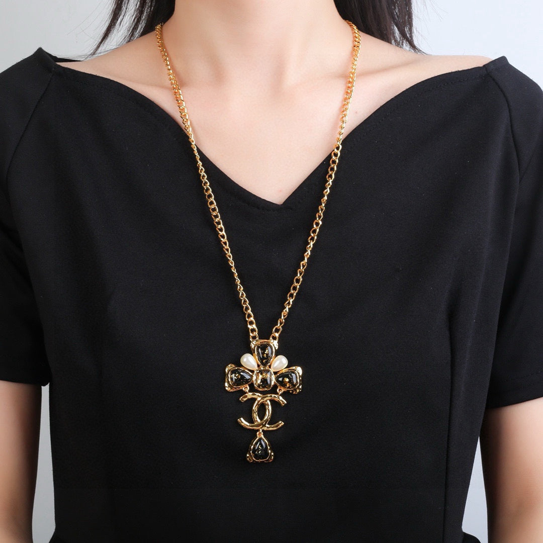 Double-C Emblem Pendant Necklace in Gold-Tone – Design 001 front product view