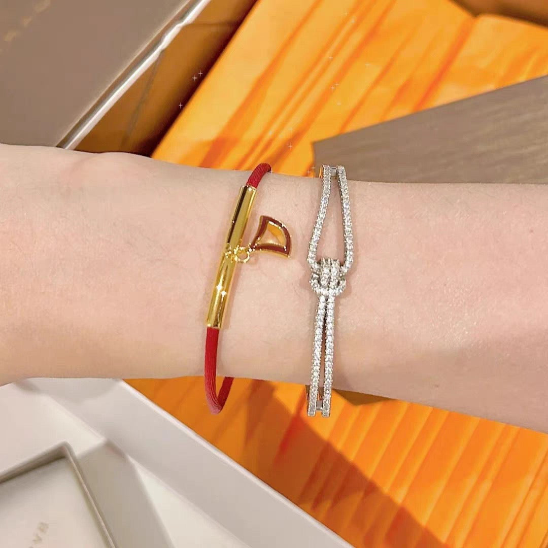 Red Cord Braided Bracelet in Polished Metal-Tone – Red Cord Detail – Design 003 close-up detail