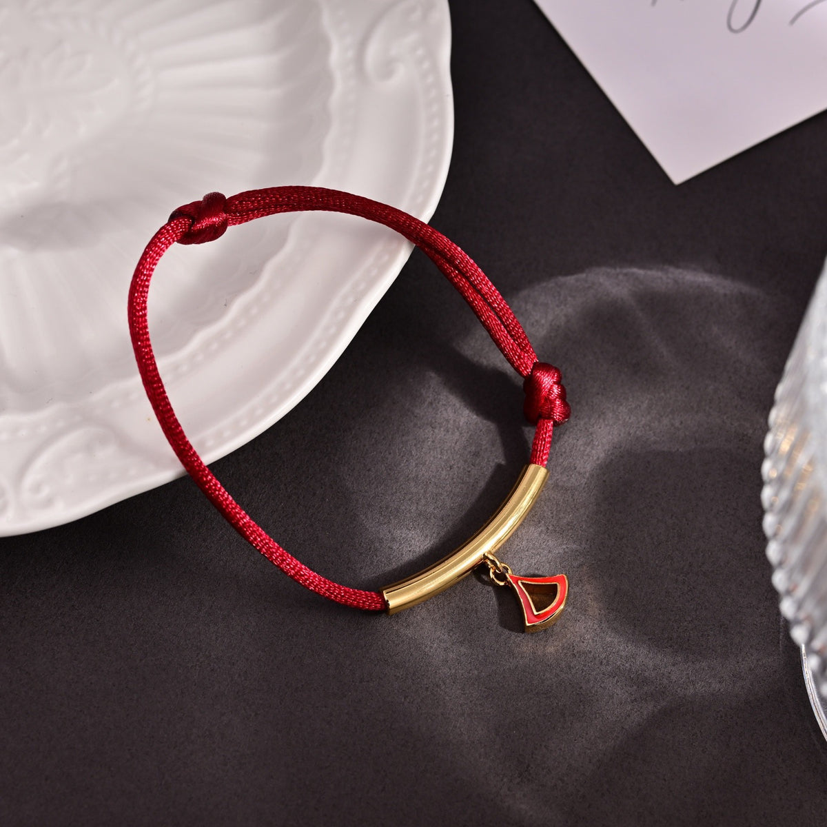 Red Cord Braided Bracelet in Polished Metal-Tone – Red Cord Detail – Design 003 front product view
