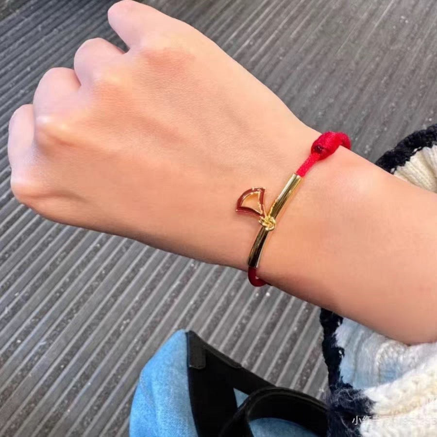 Red Cord Braided Bracelet in Polished Metal-Tone – Red Cord Detail – Design 003 side detail