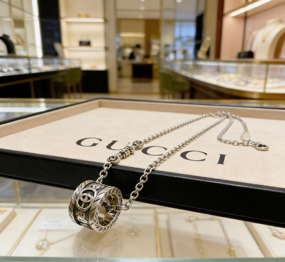 Double-G Emblem Pendant Necklace in Polished Metal-Tone – Design 038 front product view